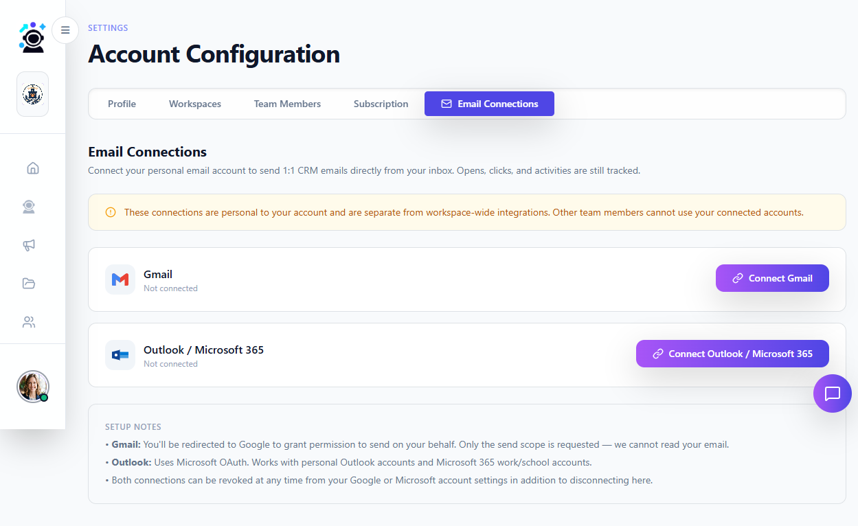 Email Connections page showing Connect Gmail and Connect Outlook/Microsoft 365 buttons