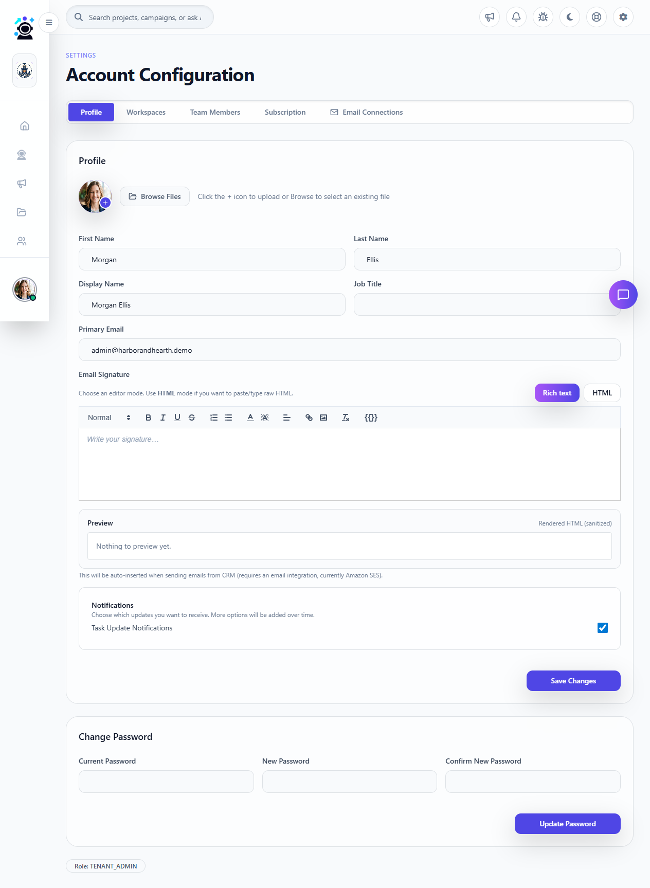Profile settings page showing avatar upload, name fields, display name, timezone, email, and notification preferences