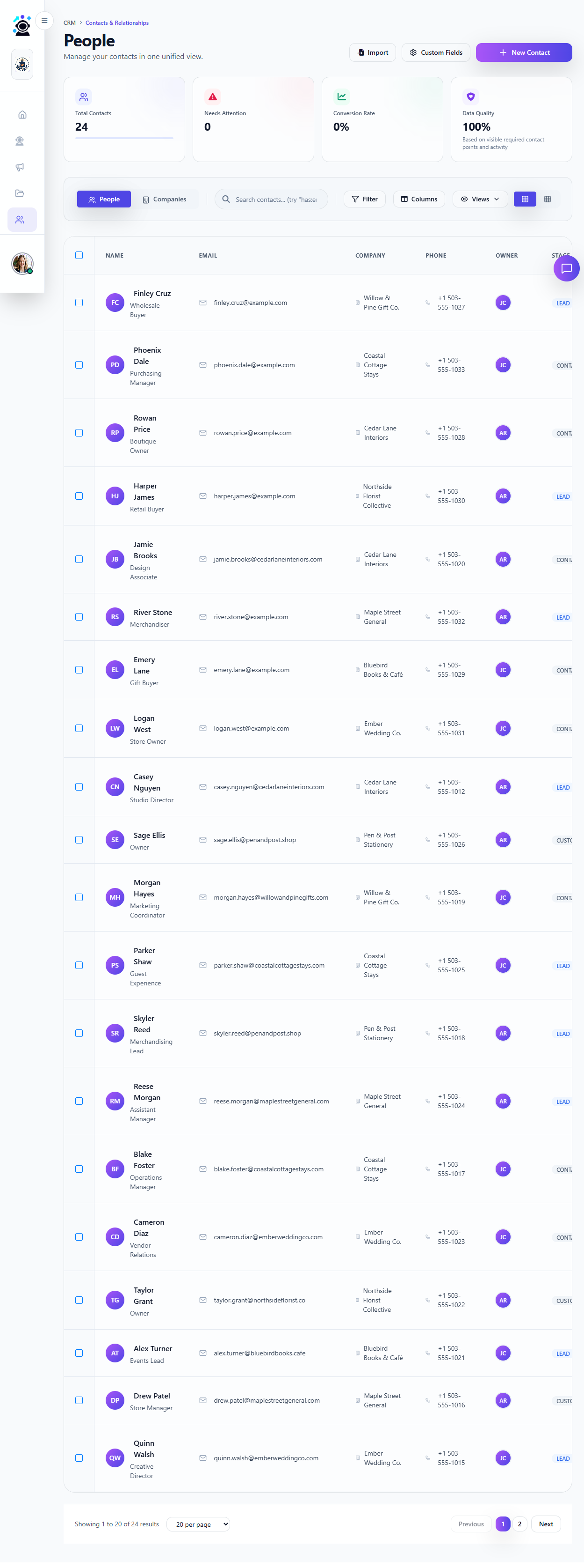 Contacts page showing table of 24 contacts with name, email, company, phone, stage, and action columns