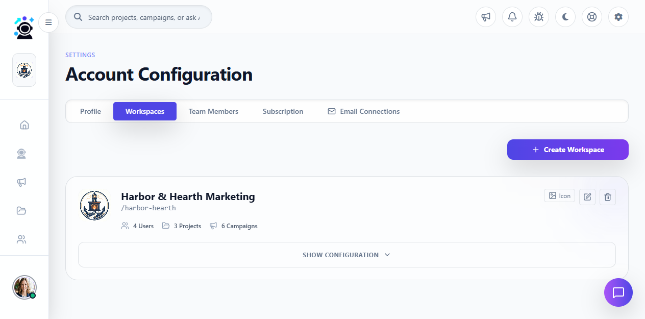 MartechAI workspace settings page showing Account Configuration tabs and workspace list