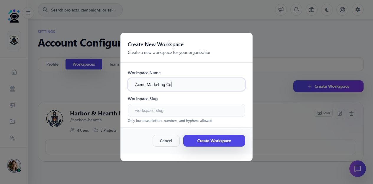 Create New Workspace form with name and slug fields