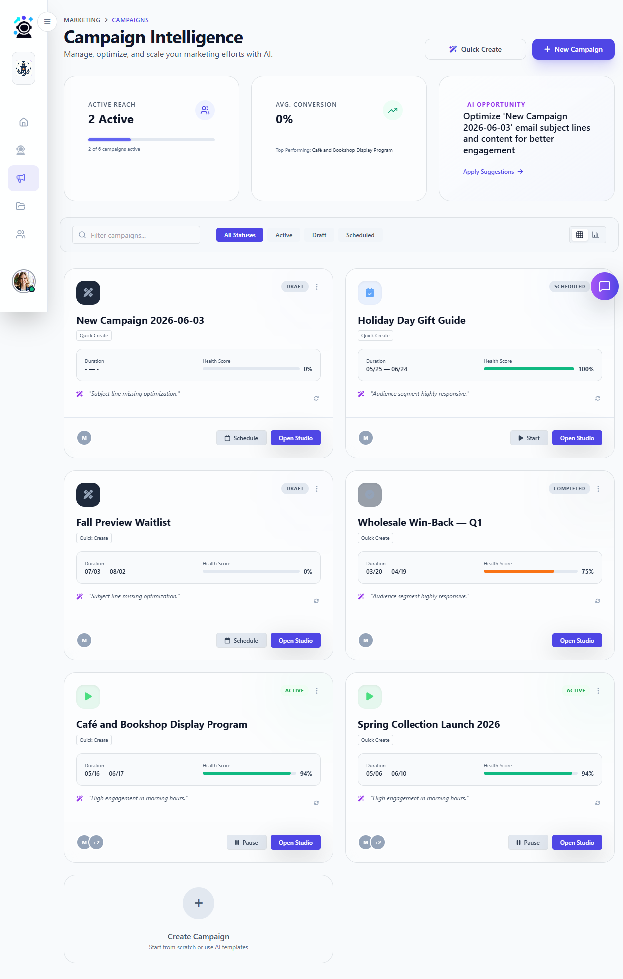 Campaign Intelligence page showing campaign list with Active and Draft campaigns, AI Opportunity card, and filter buttons