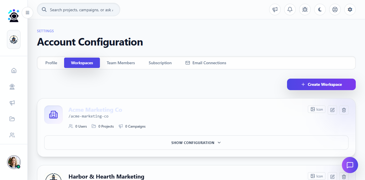Workspaces page showing newly created Acme Marketing Co workspace