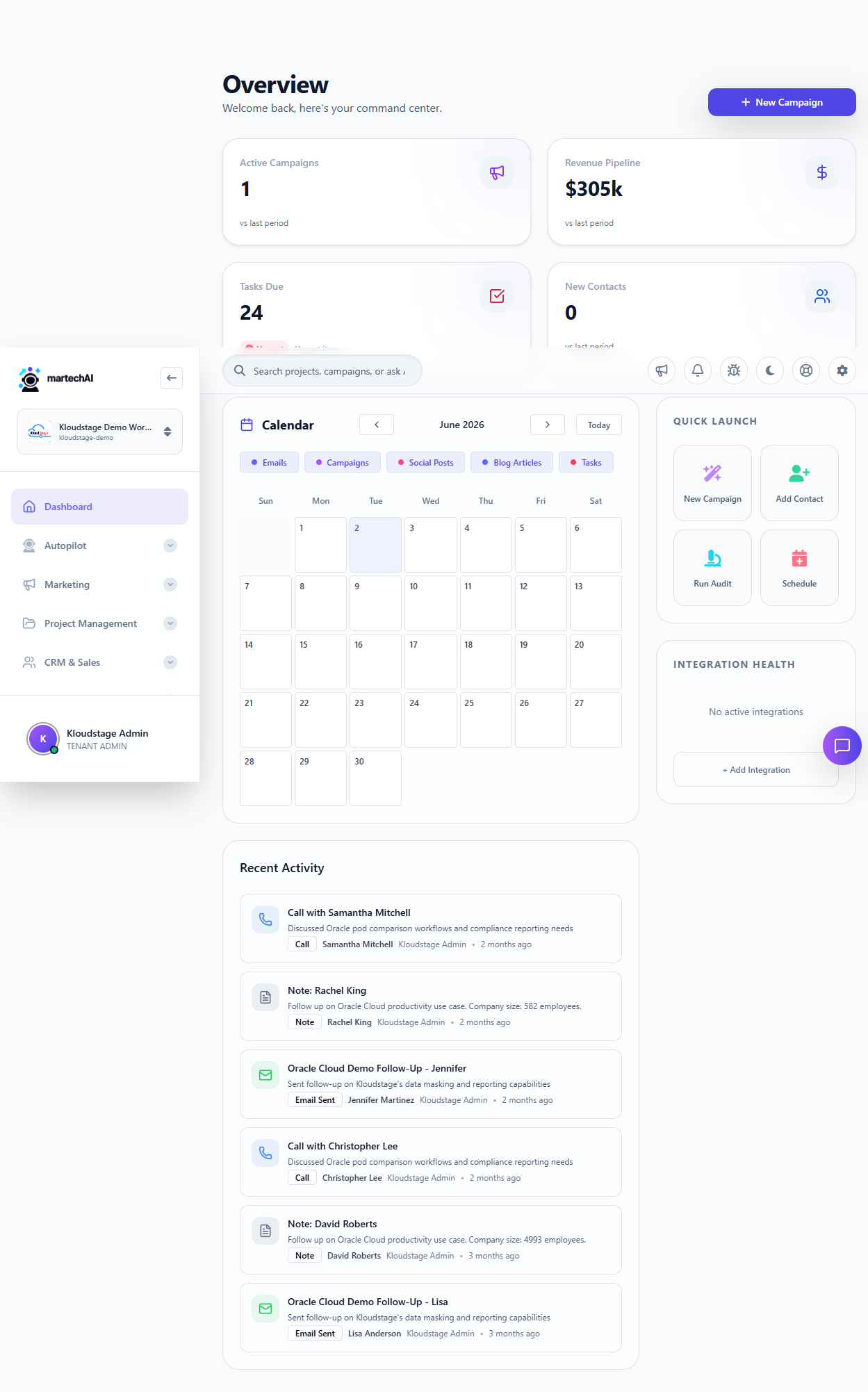MartechAI Dashboard — Quick Launch, Integration Health, and AI Assistant