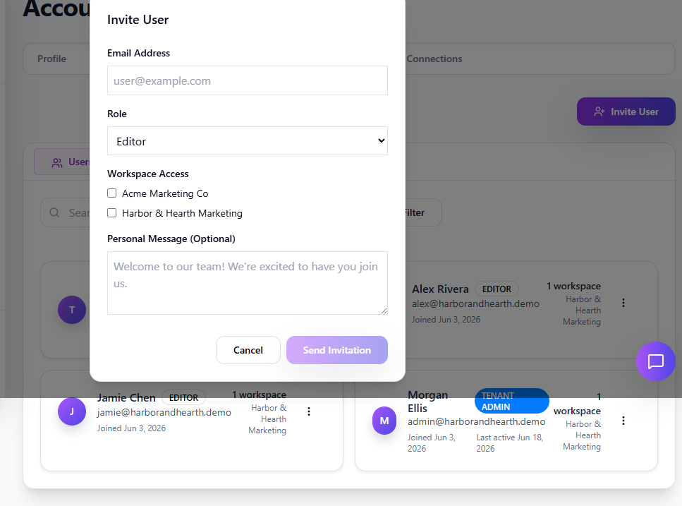 Invite User modal with email field, Editor role selected, Harbor and Hearth Marketing workspace checked, and Send Invitation button