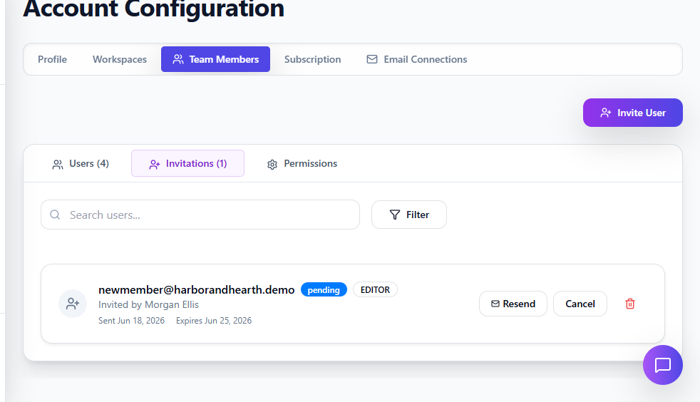 Invitations tab showing a pending invitation for newmember@harborandhearth.demo with Resend and Cancel buttons
