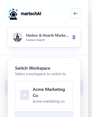 Workspace switcher dropdown showing Acme Marketing Co and Harbor and Hearth Marketing with Current badge