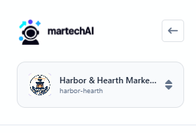 Workspace switcher in the MartechAI sidebar showing Harbor and Hearth Marketing with dropdown arrow