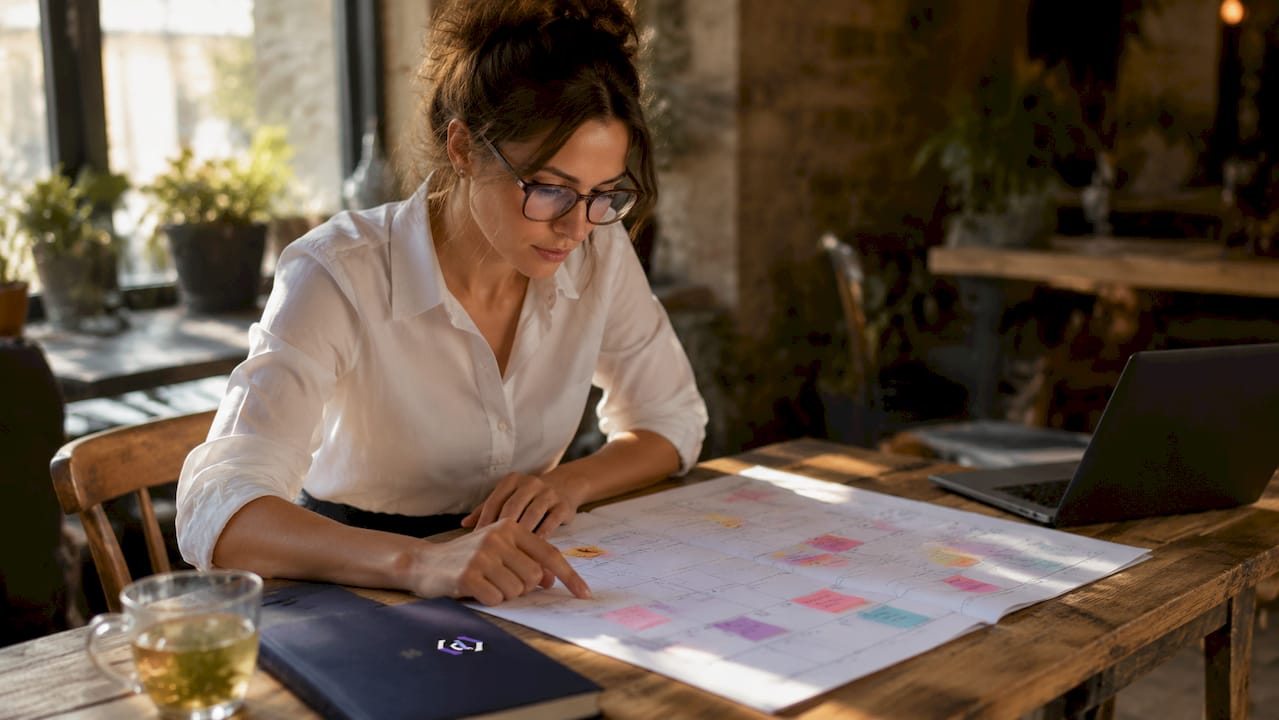 Marketing manager reviewing printed marketing calendar