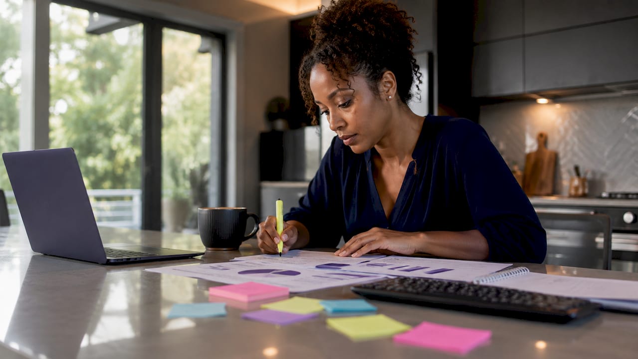 Woman reviewing CRM data reports at desk
