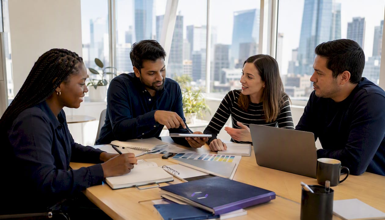 Marketing team discussing video strategy in office