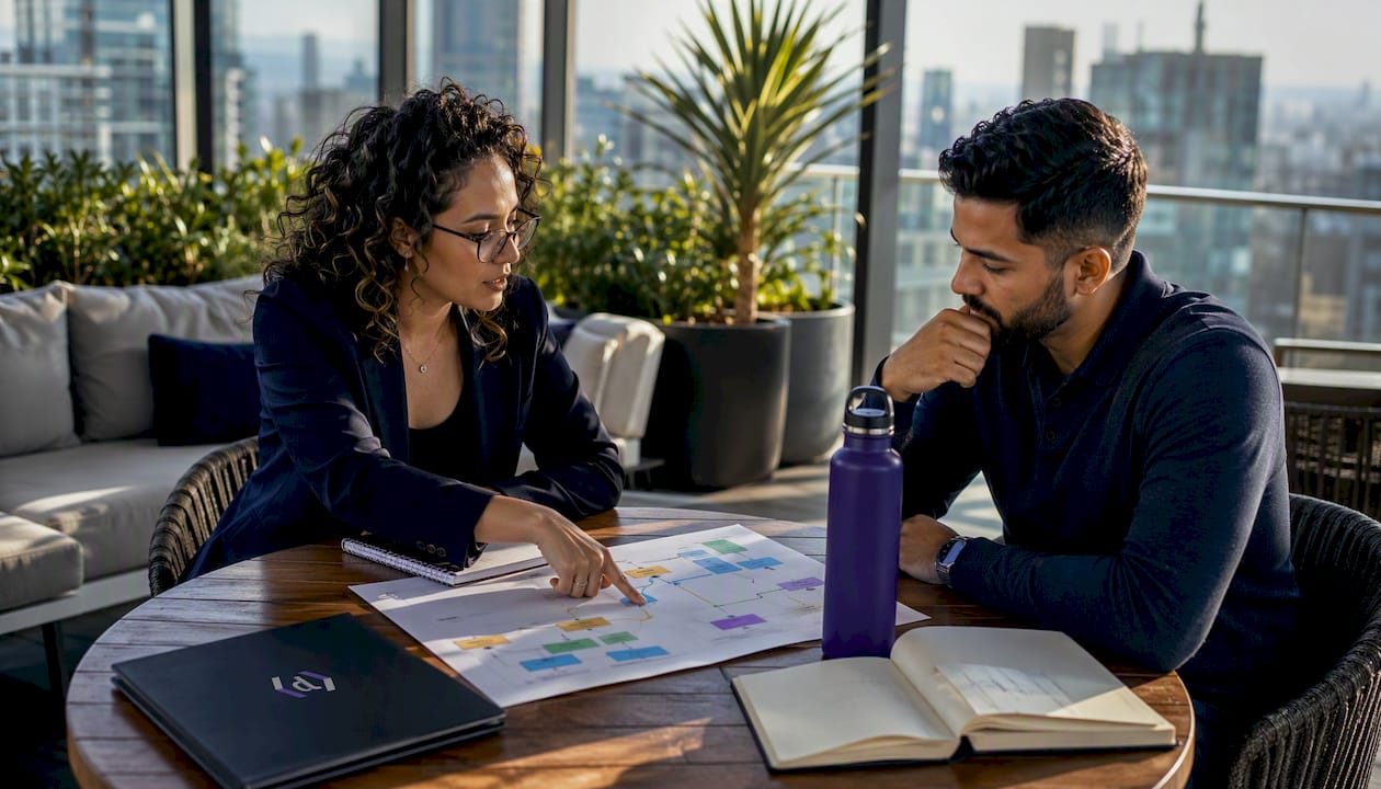 Marketing consultant and client reviewing retainer contract