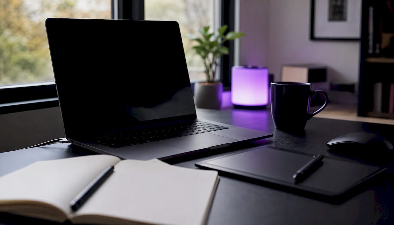 Ecommerce marketing workspace with laptop and accessories