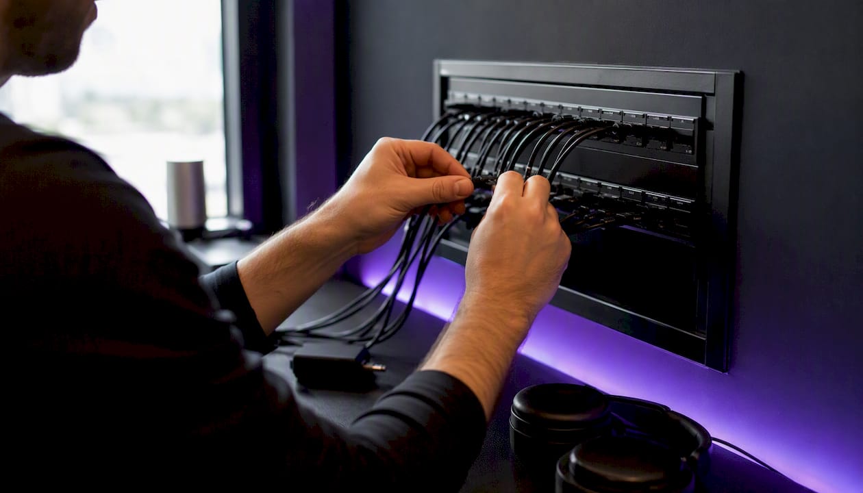 Hands connecting network cables in dark tech office